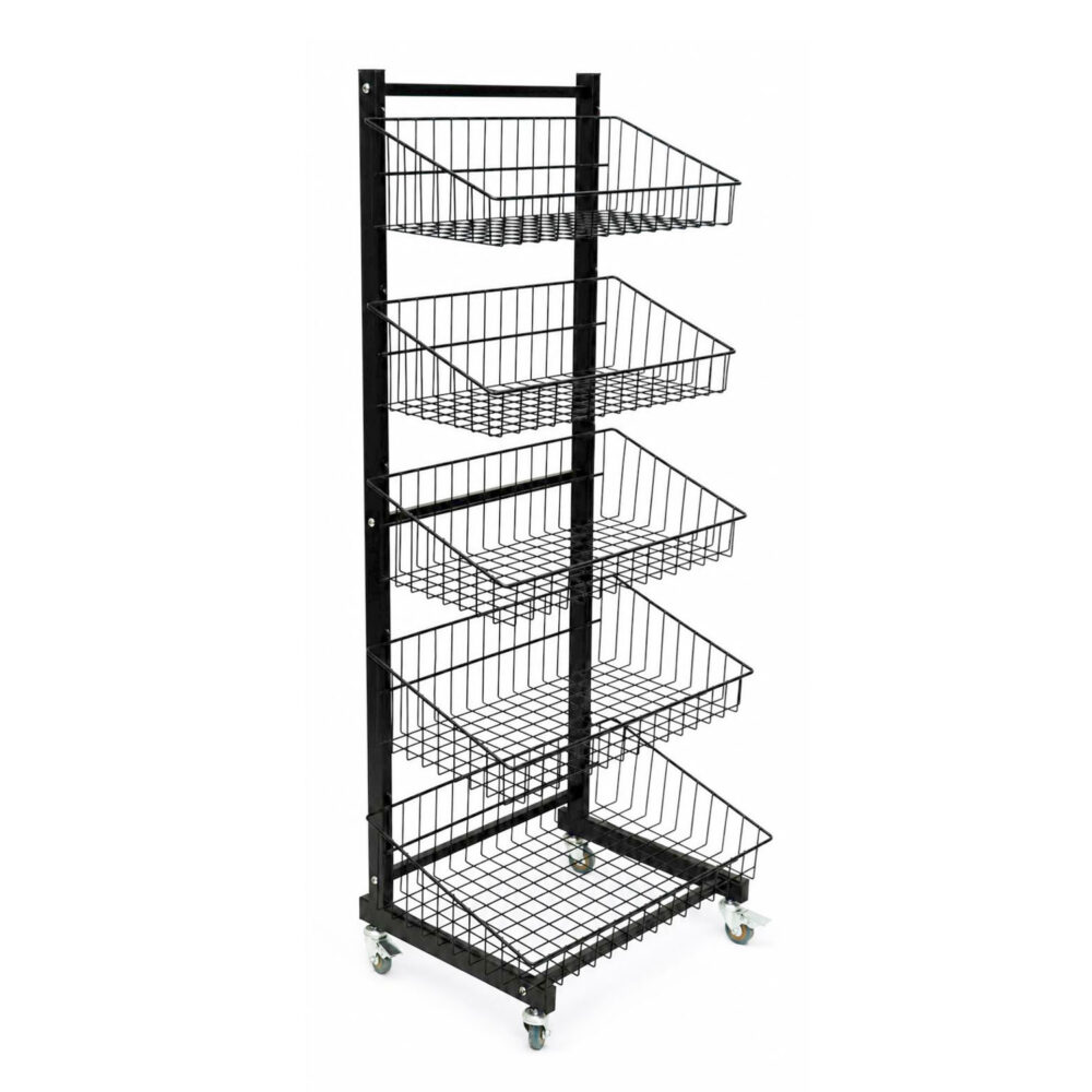 Alternate side perspective view of black 5-tier wire dump bin floor rack - BW-016-5