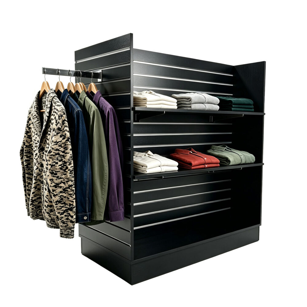 Black H-shaped double-sided slatwall floor gondola with shelves and clothing faceout displaying jackets - BCB-009