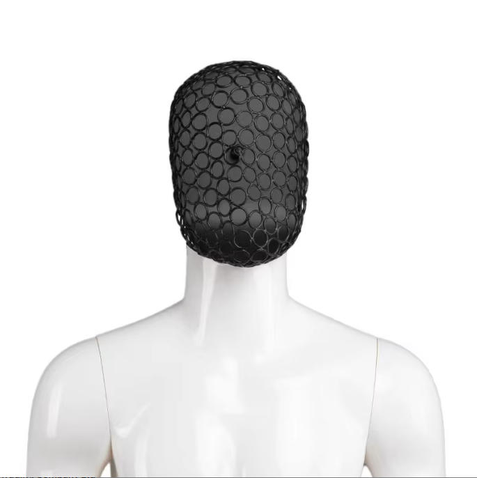 Glossy silver chrome mirror finish abstract face mask on male mannequin head for shopfitting