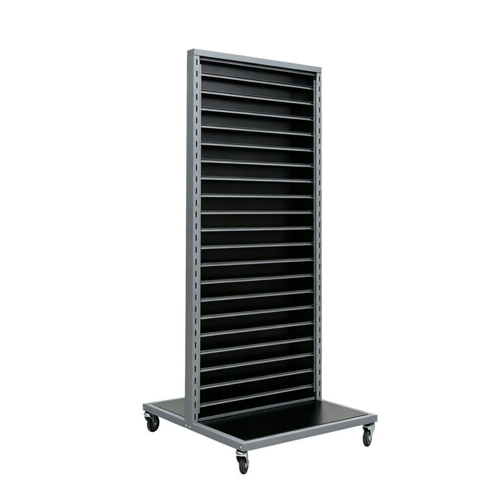 Modern black double-sided rolling slatwall gondola fixture with wheels and metal frame - BCB-012