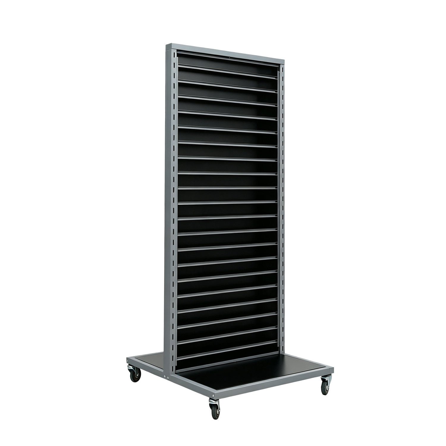 Modern black double-sided rolling slatwall gondola fixture with wheels and metal frame - BCB-012