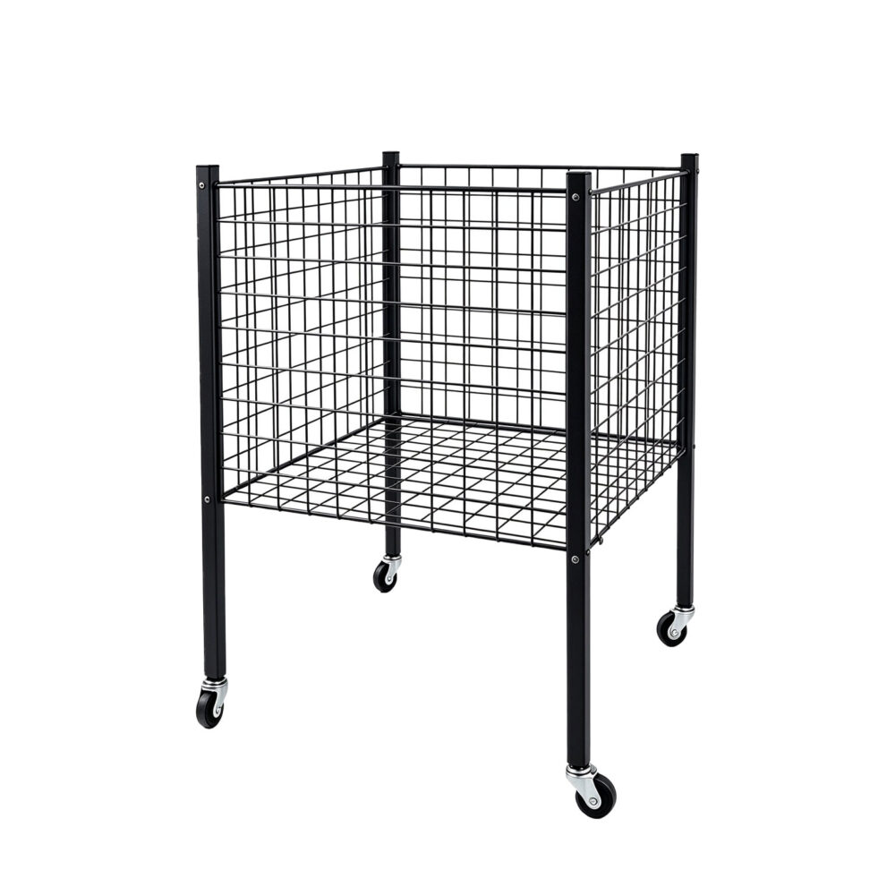 Matte black mobile wire mesh dump bin fixture with square tube frame and heavy-duty locking casters - BW-017W-1