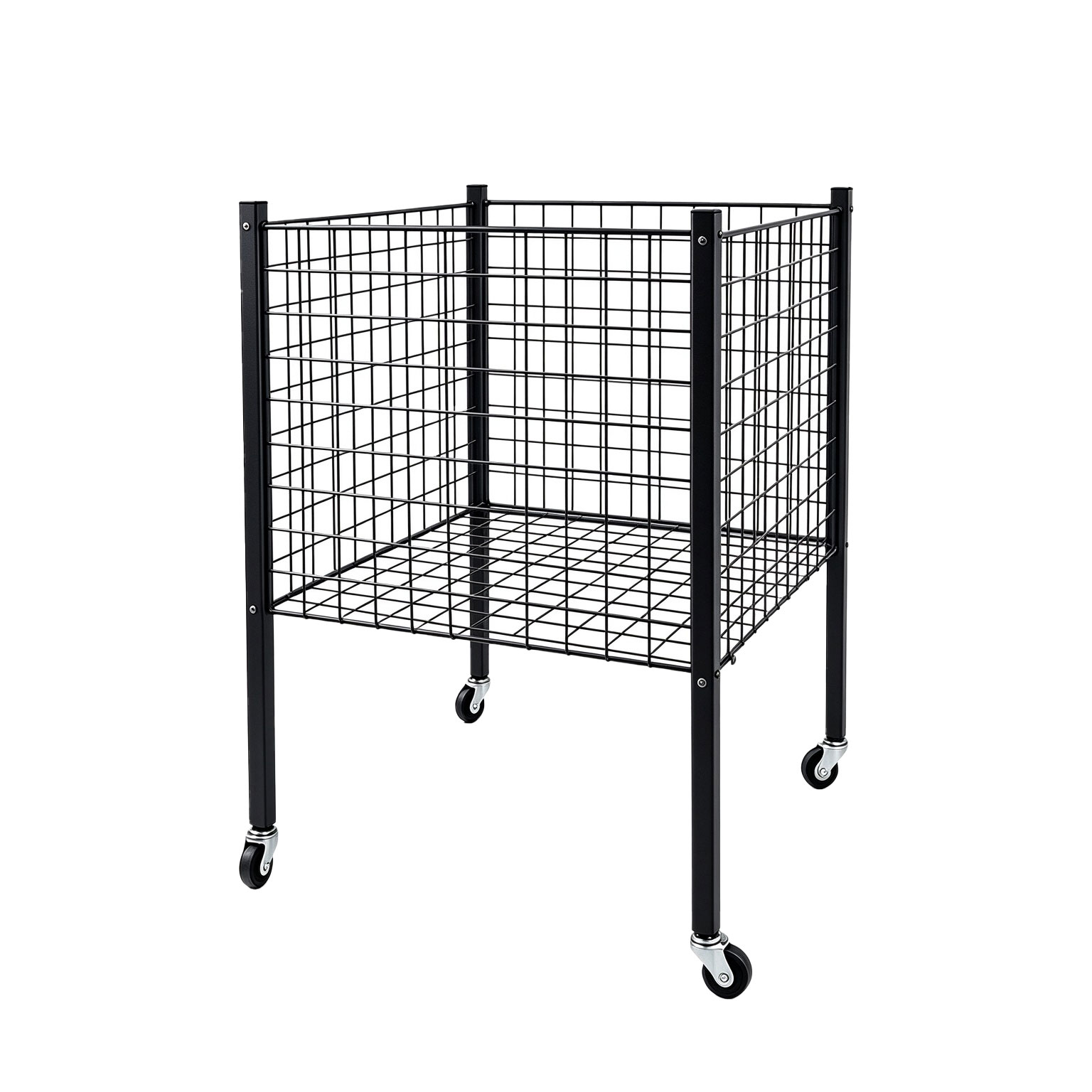 Matte black mobile wire mesh dump bin fixture with square tube frame and heavy-duty locking casters - BW-017W-1