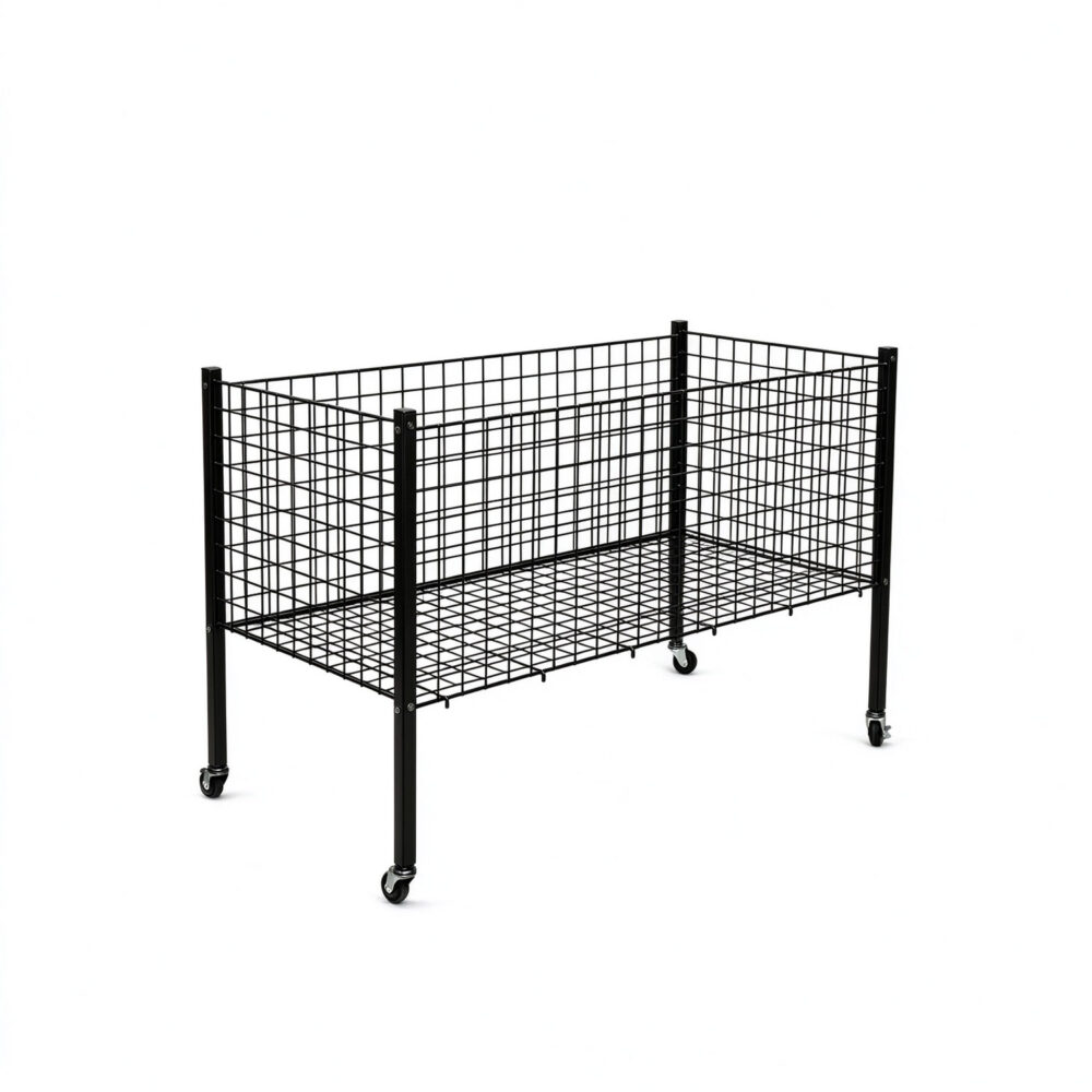 Commercial black mobile wire mesh dump bin basket with square tube frame for retail wholesale - BW-017W