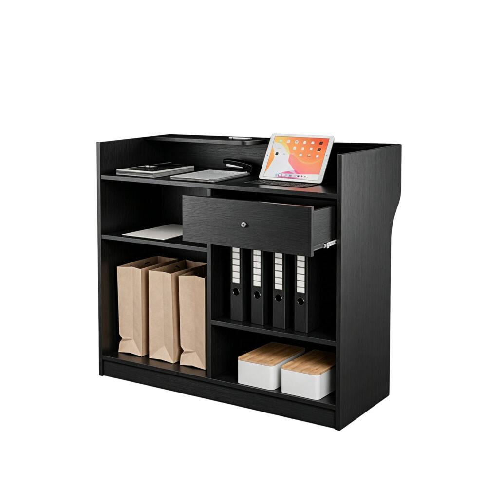 Clean front customer-facing view of black wooden retail checkout counter - CNT-001 BDF Display