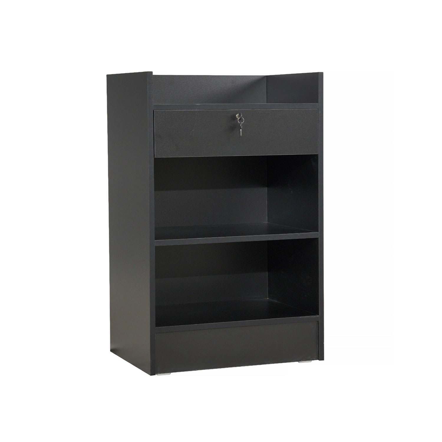 Front perspective view of black wooden retail cash register stand with locking drawer - SCRC2 BDF Display