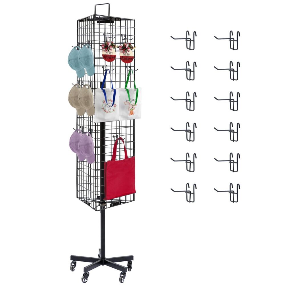 Black 4-sided rotating gridwall display rack showcasing scarves, hats, and handbags in boutique store - BWCH-010