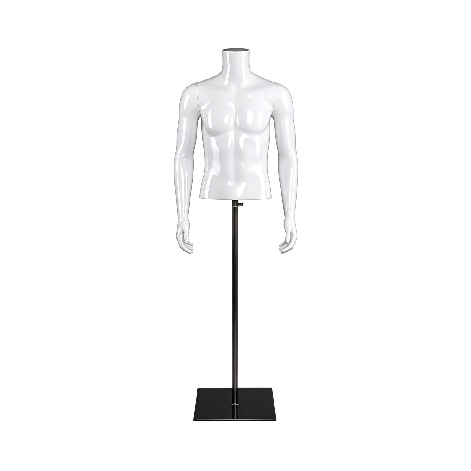 Bright white fiberglass male torso mannequin display with flat square metal base and chrome pole
