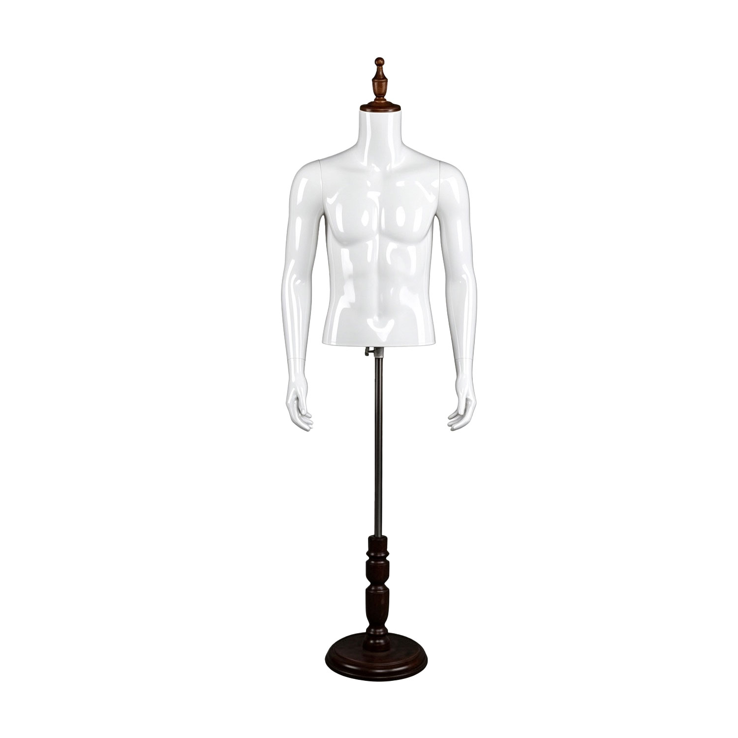 Model MKR-1 bright white male torso mannequin with wooden neck top and round wooden stand