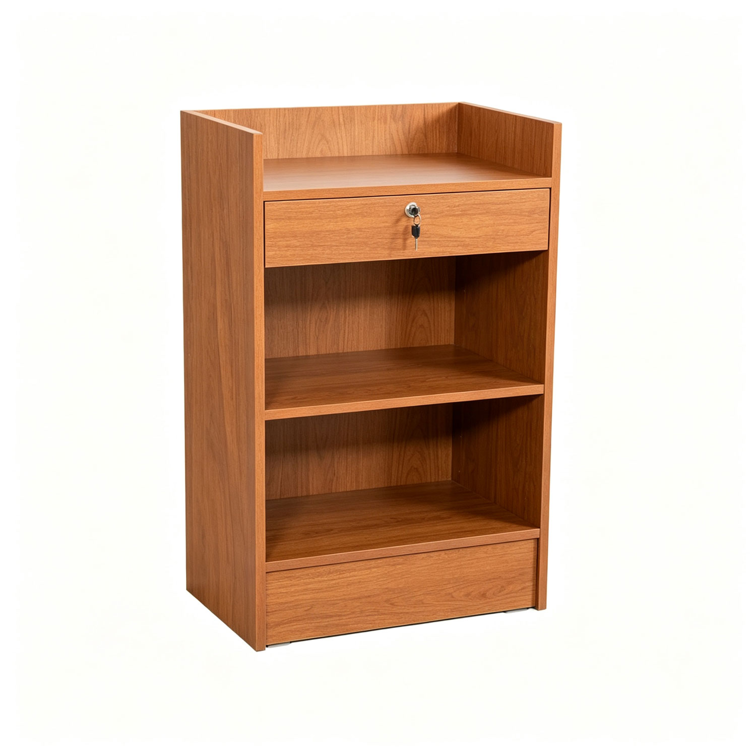 Front perspective view of warm cherry wood finish retail cash register stand - SCRC2