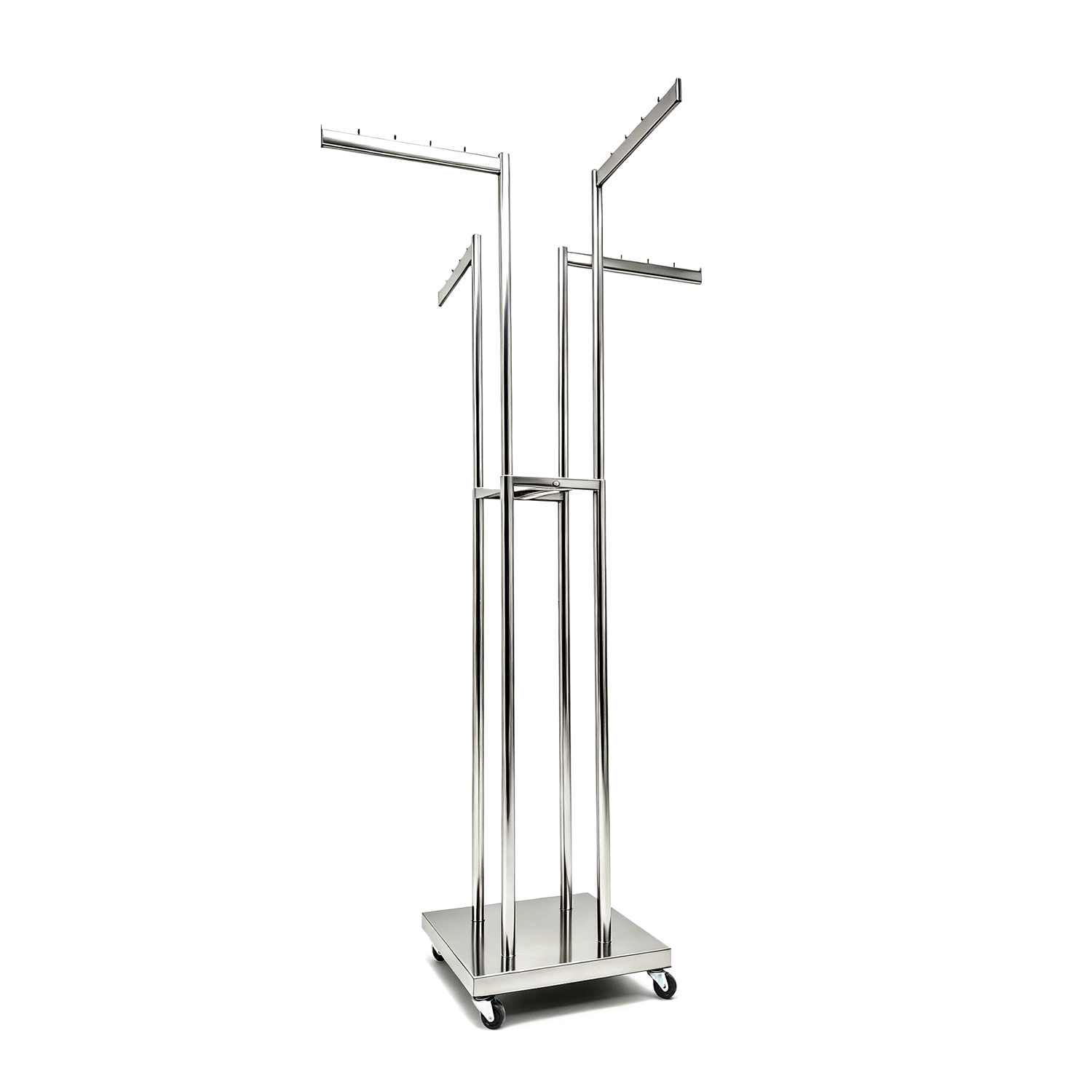 High-shine chrome 4-way rolling apparel rack with straight and waterfall arms - BH-031