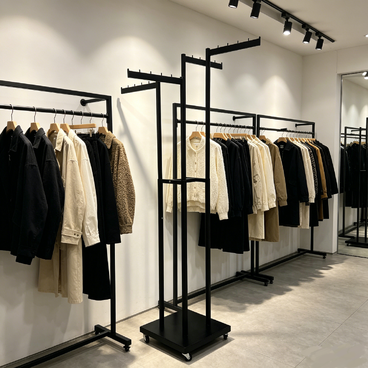 Black 4-way adjustable clothing fixture displaying jackets and shirts in a commercial clothing boutique - BH-031