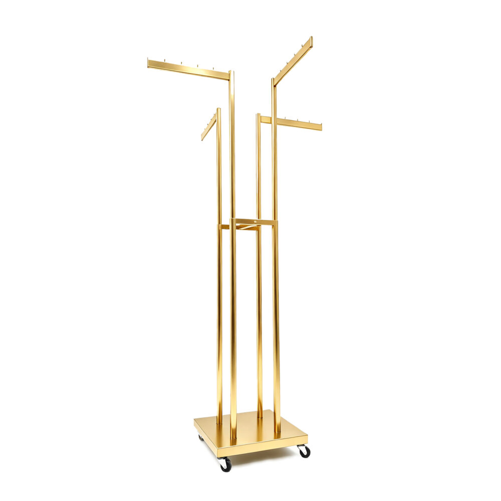 Modern brushed gold 4-way height-adjustable rolling garment display rack on wheels - BH-031