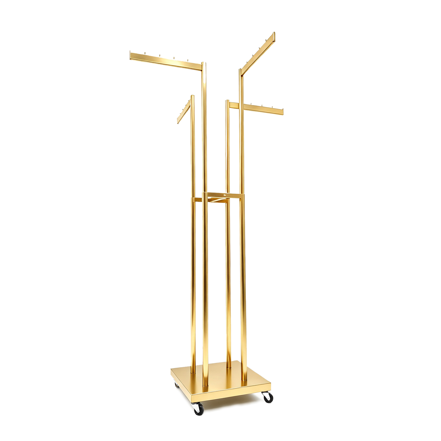Modern brushed gold 4-way height-adjustable rolling garment display rack on wheels - BH-031