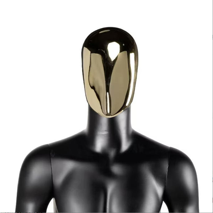 High-end electroplated rose gold chrome abstract face mask detail on matte black mannequin head