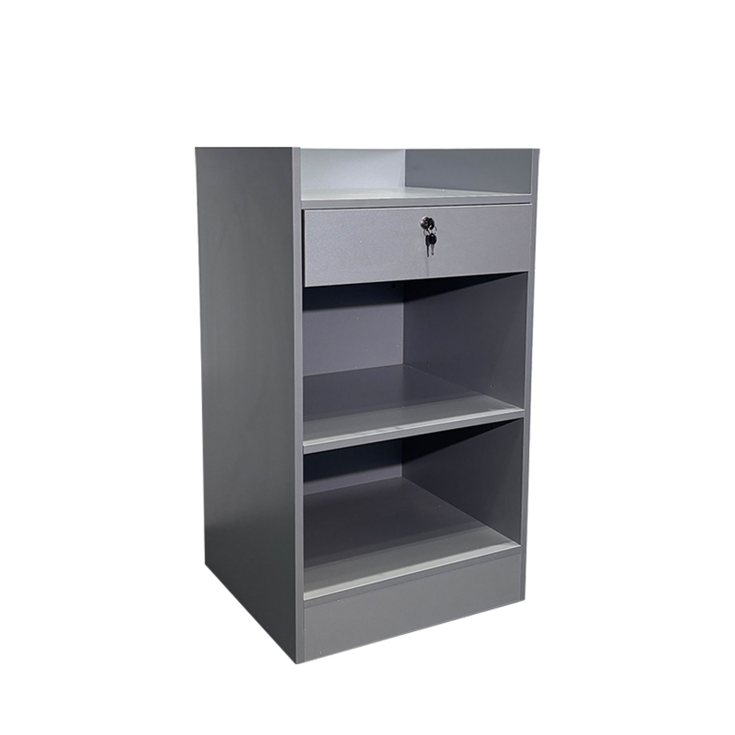 Front perspective view of grey wooden cash register stand with locking drawer - SCRC2