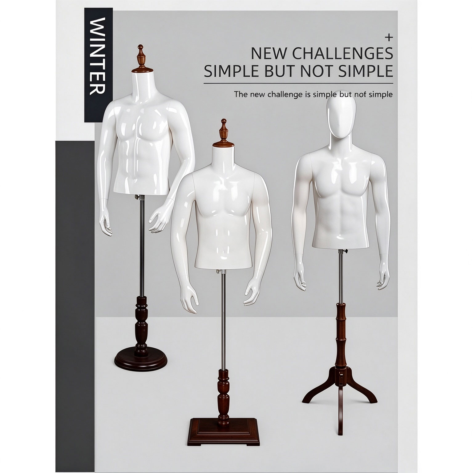 Group display of male torso mannequins featuring wooden neck caps, tripod, round wooden, and square bases