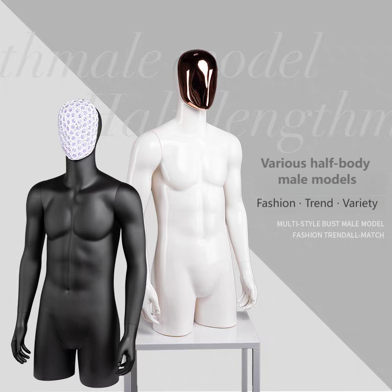 High-fashion silver clear crystal mesh abstract face design on male display mannequin