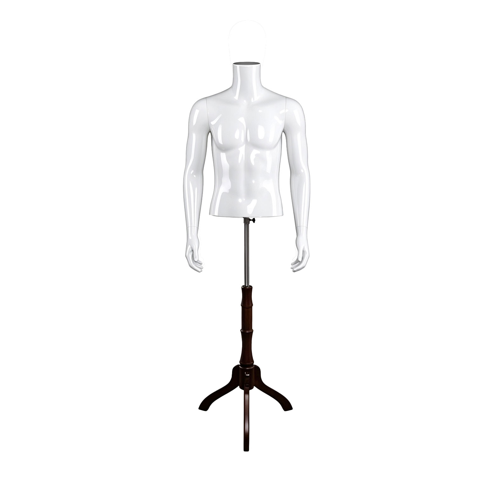 Model MKR-2 male fiberglass torso mannequin mounted on dark wood tripod base