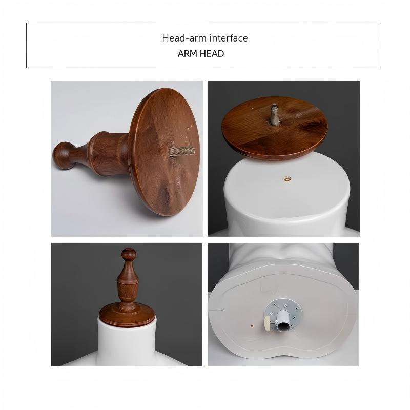 Detail views showing threaded wooden neck cap and bottom stand mounting plate of fiberglass mannequin torso