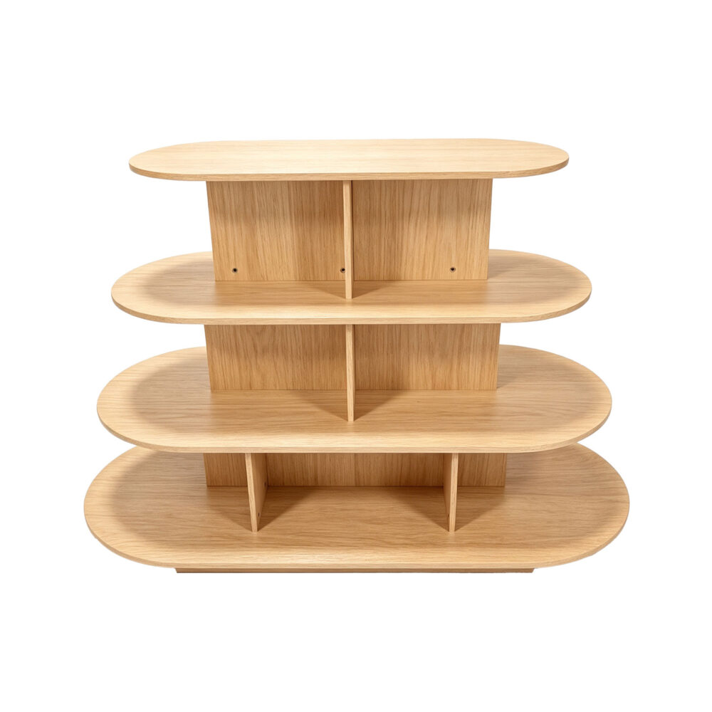 Front view of natural oak maple 4-tier oval wooden retail display table - BHM-006