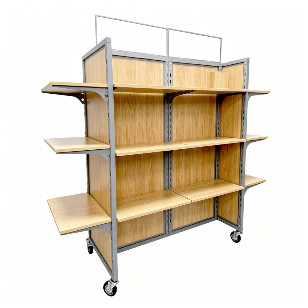 Natural maple double-sided rolling shelving gondola display with grey metal frame, multi-tier shelves, top sign holder, and wheels - BCB-011