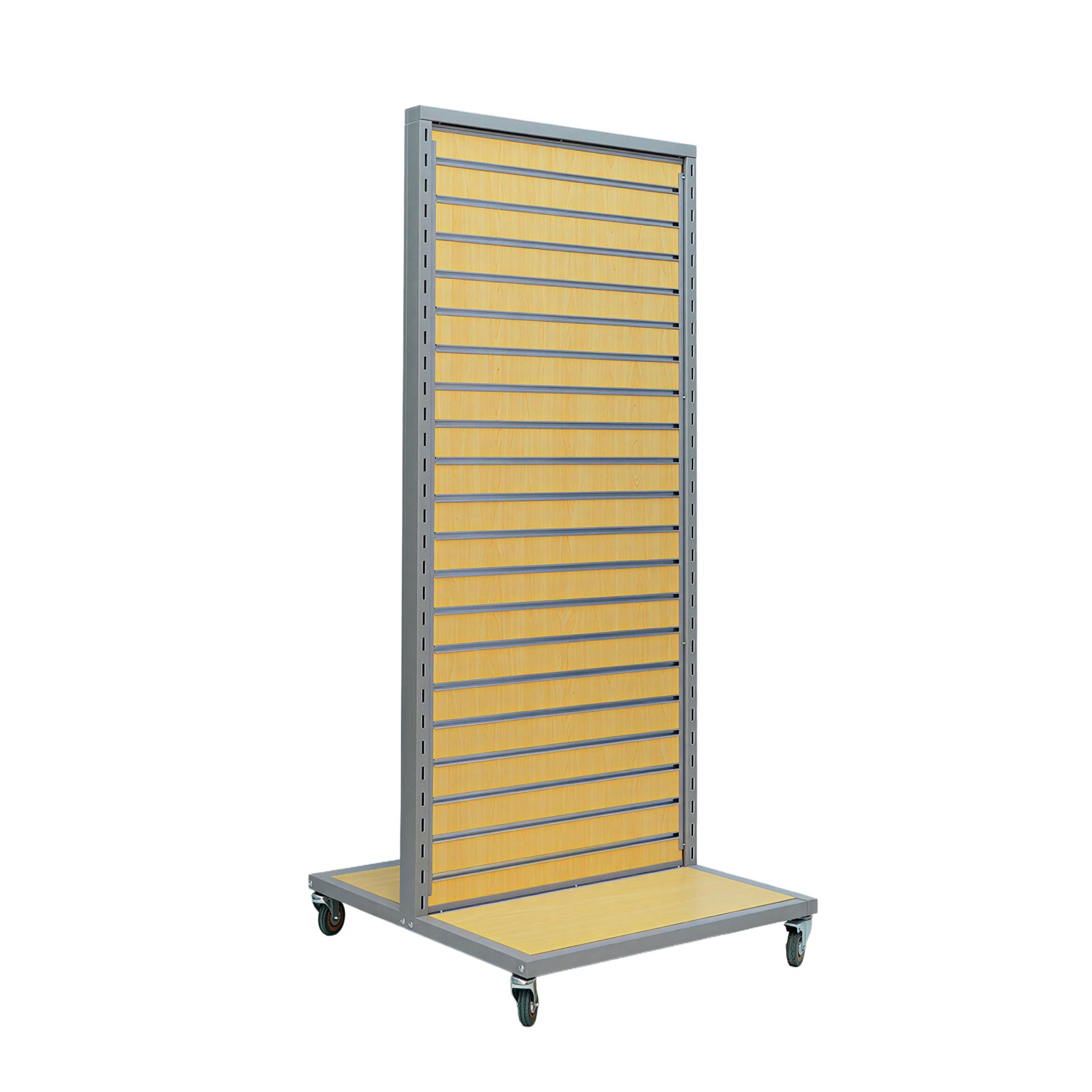 Natural maple double-sided rolling slatwall gondola with grey metal frame and heavy-duty casters - BCB-012