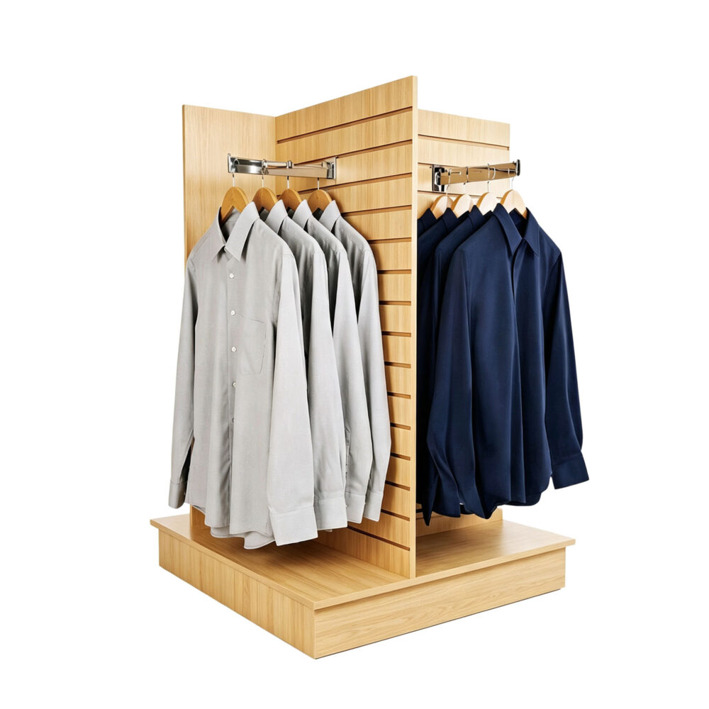 Natural maple 4-way quad slatwall display unit with clothing hangrails displaying shirts - BCB-010