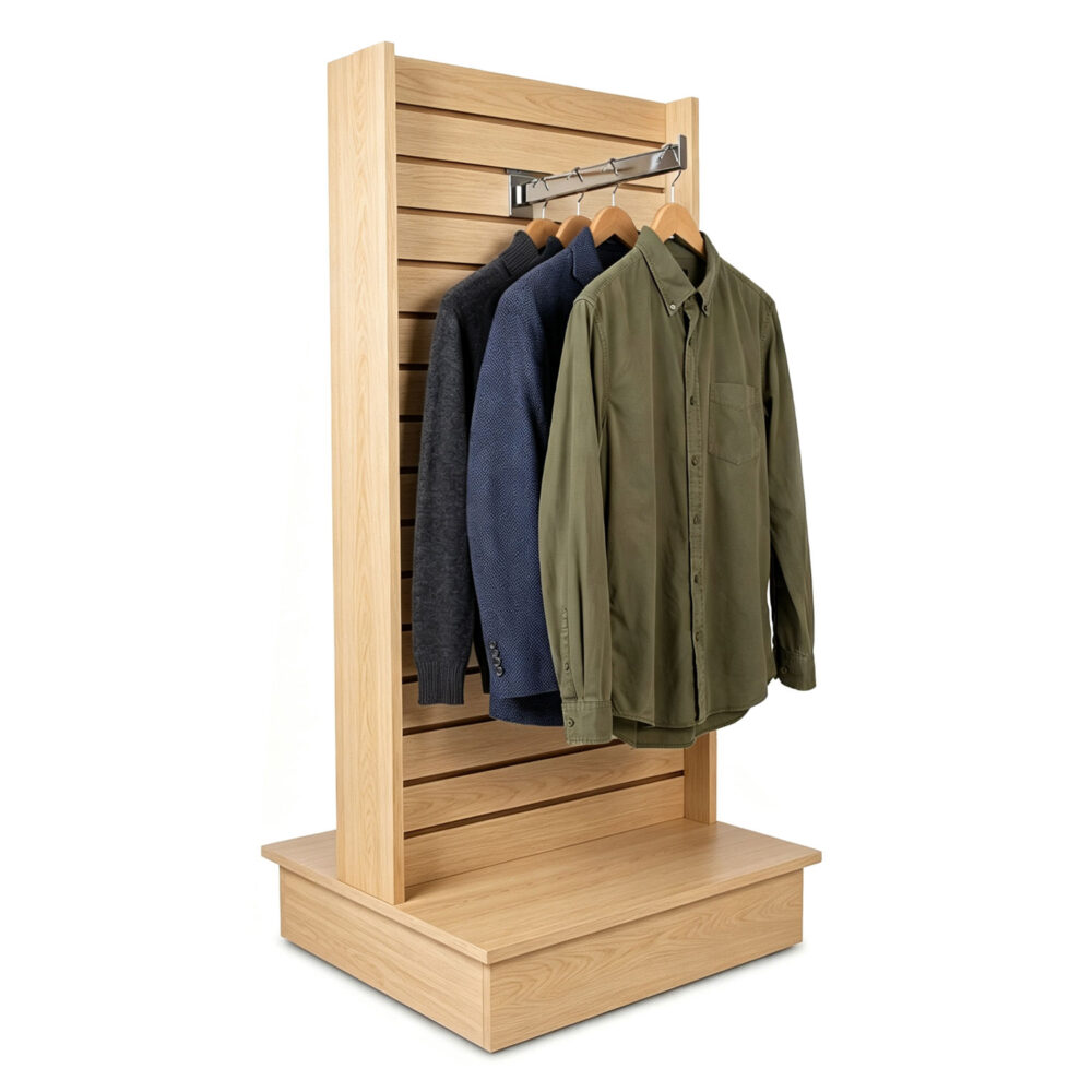 Maple double-sided slatwall display tower with hanging rail showing apparel display - BCB-008