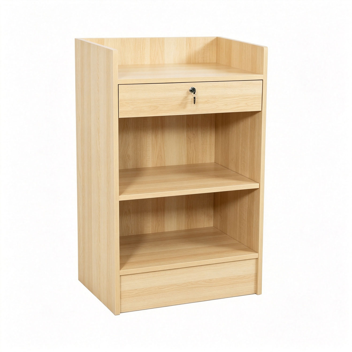 Front perspective view of natural oak maple wooden retail cash register stand with drawer - SCRC2