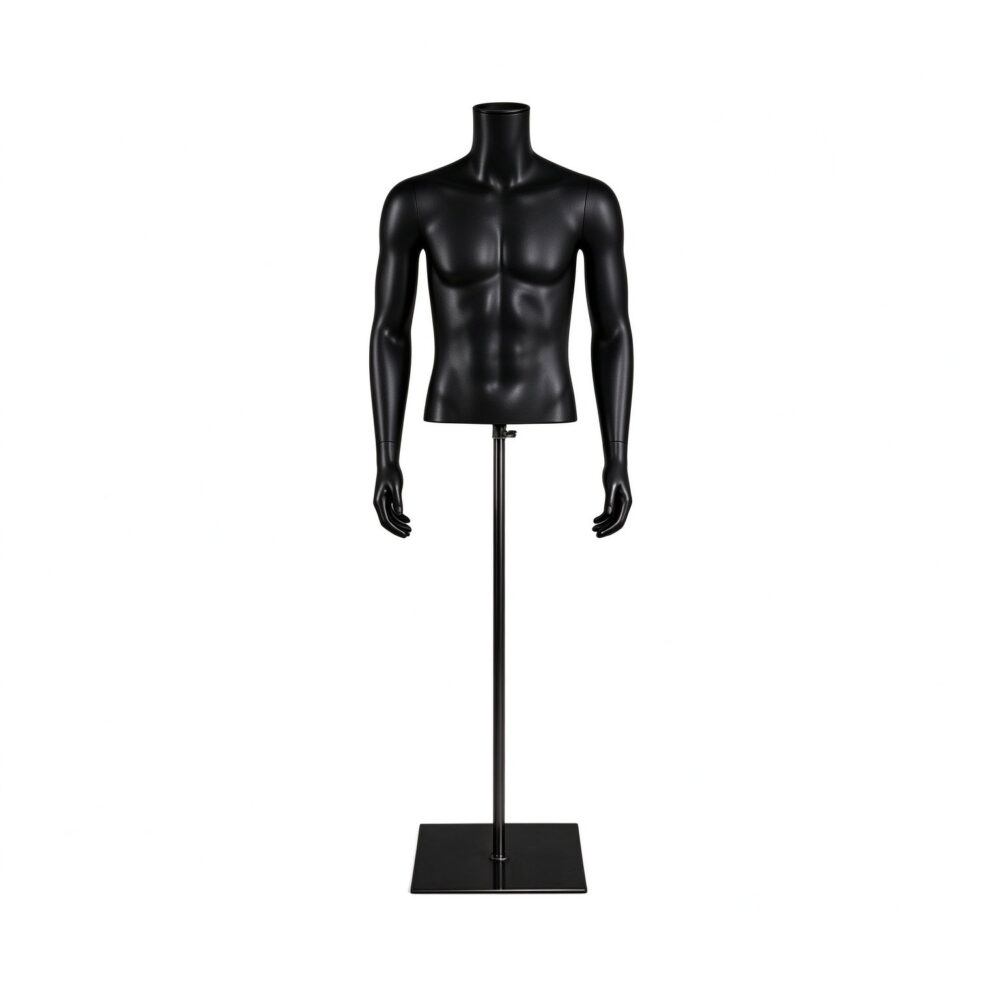 Matte black athletic male torso mannequin featuring wooden neck block and round wooden base