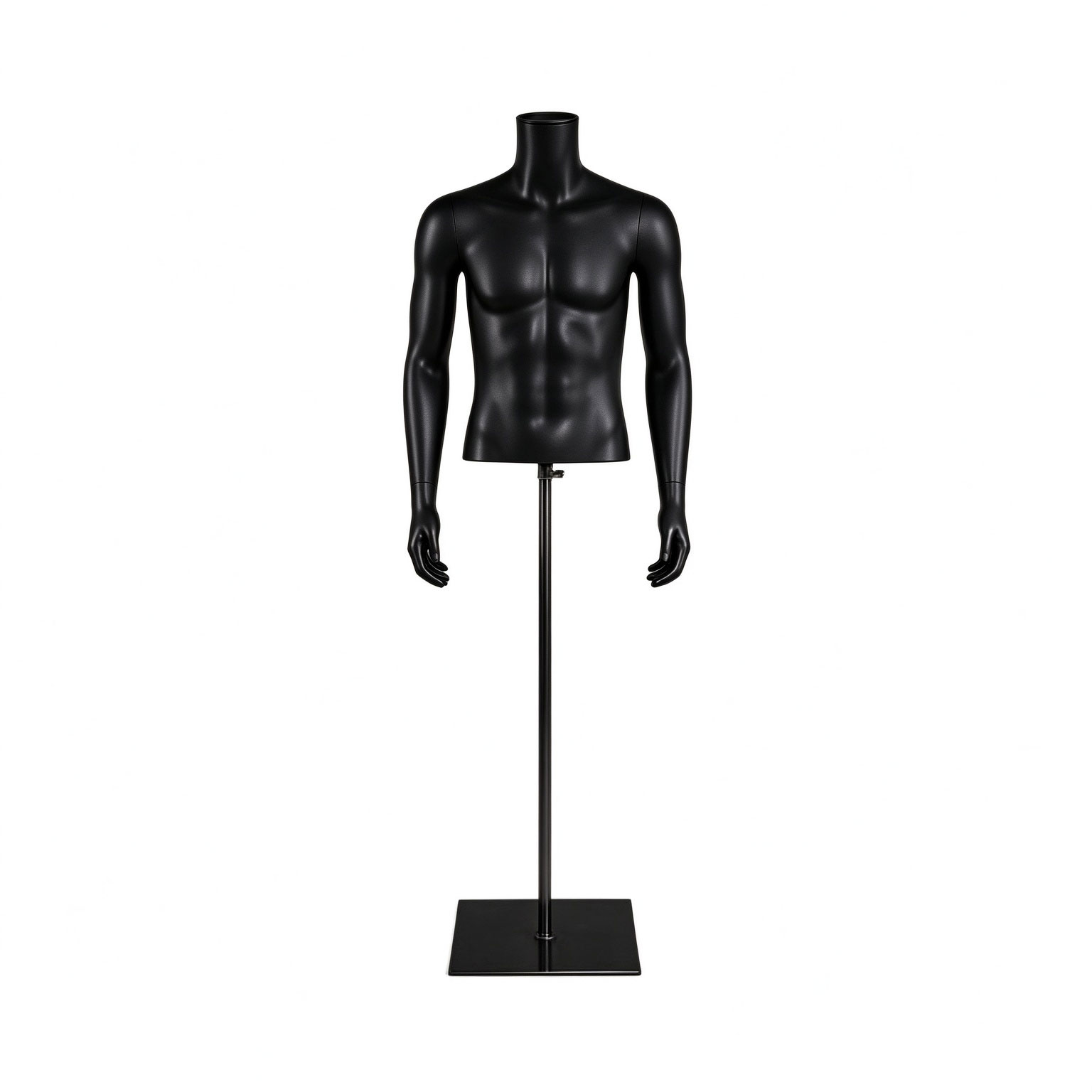 Matte black athletic male torso mannequin featuring wooden neck block and round wooden base