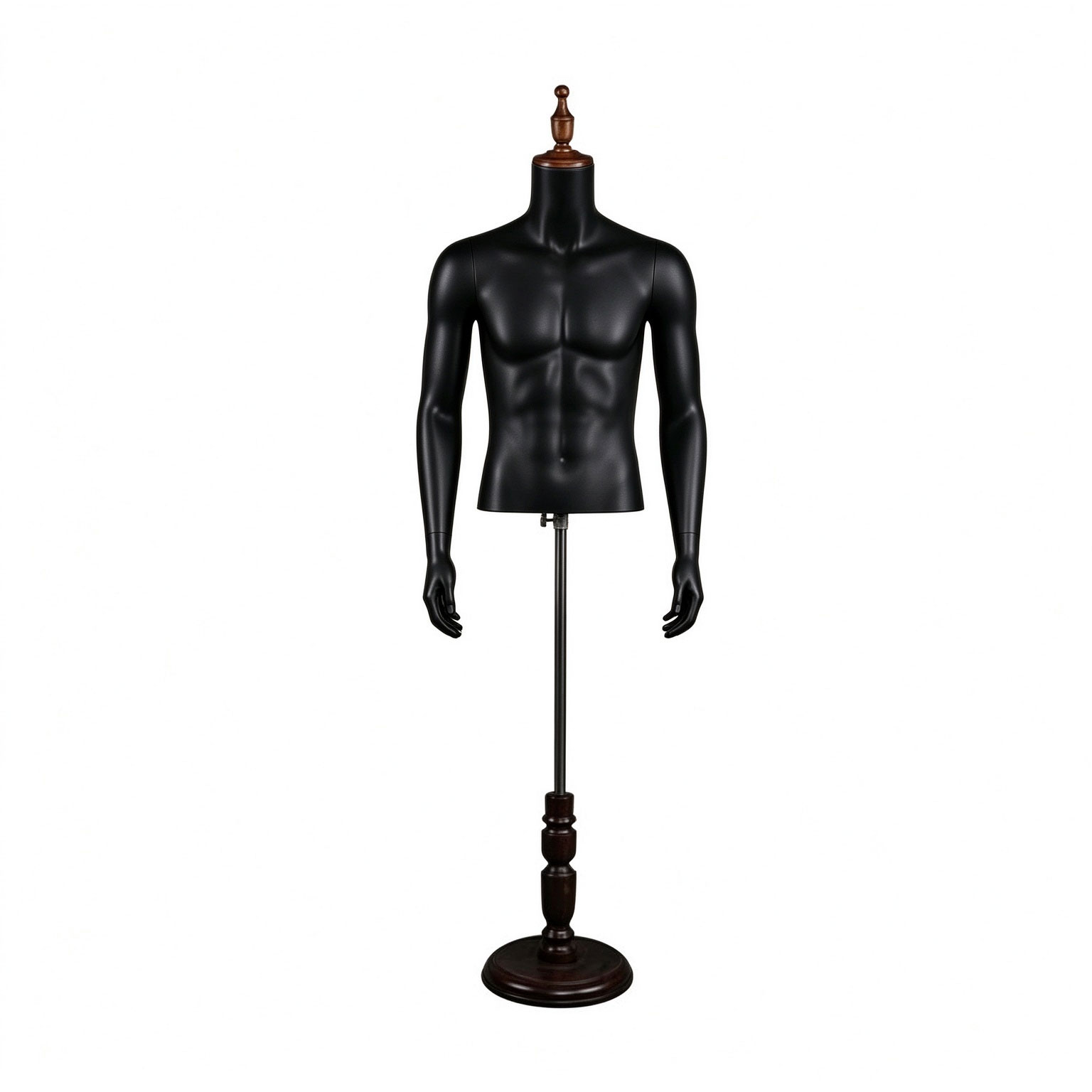 Matte black male half body mannequin torso displayed on dark mahogany wooden tripod stand
