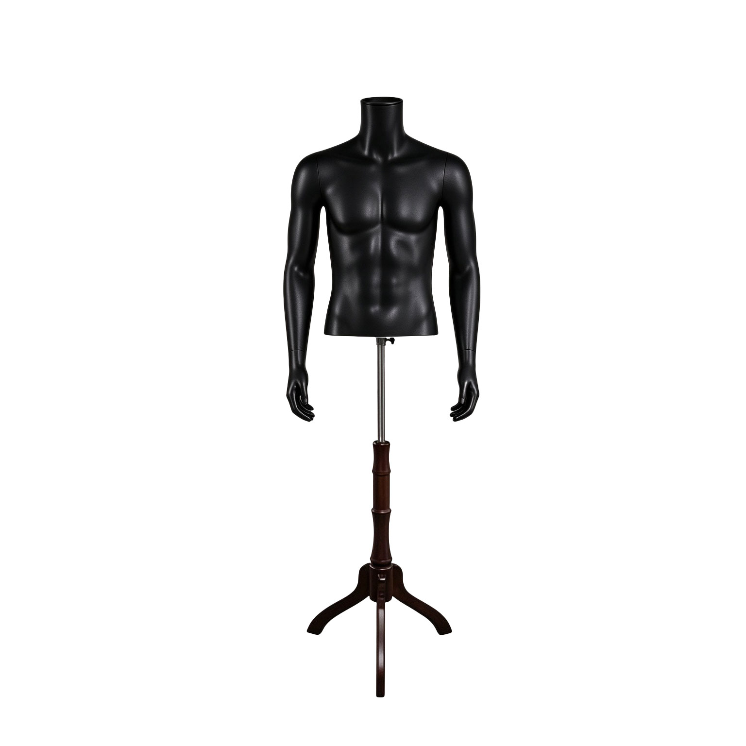 Matte black athletic male fiberglass mannequin torso mounted on sturdy square flat metal base