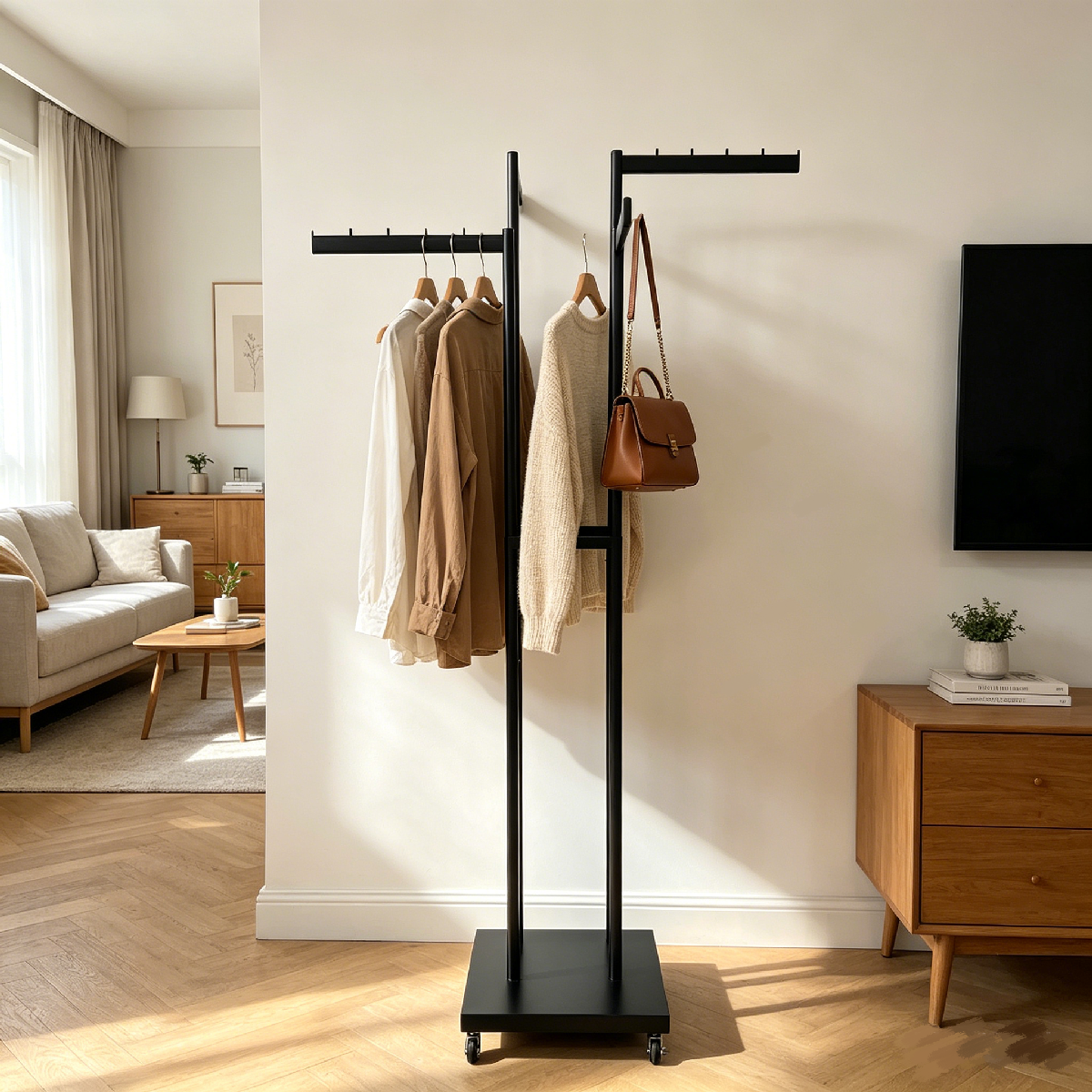 Floor standing black 4-way garment rack with lockable casters displaying sweaters and handbag - BH-031