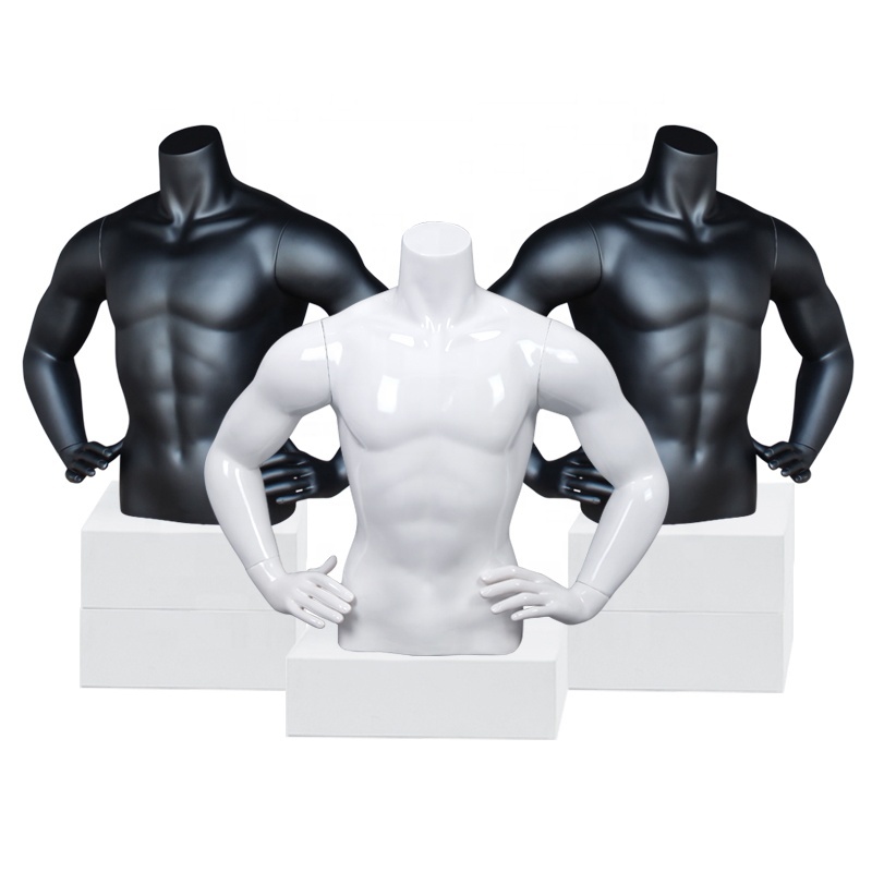 Matte black and gloss white muscular athletic male mannequin torso displays with hands on hips posture