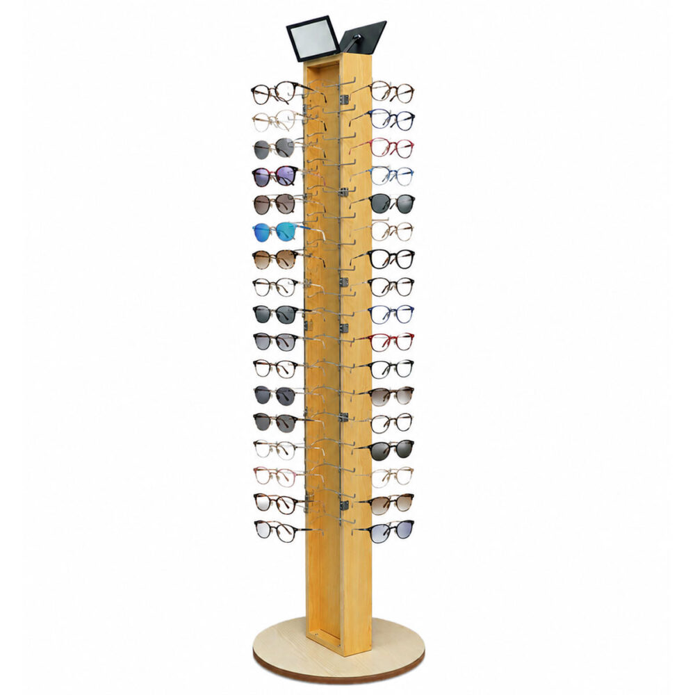 Perspective view of natural wood finish revolving sunglasses rack with top mirrors holding 72 pairs - BSG-001