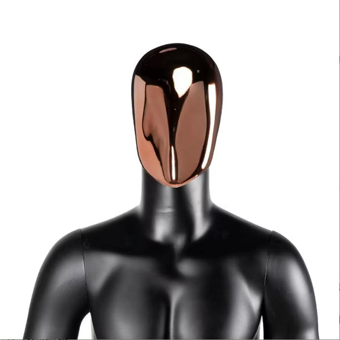 Modern half-body male mannequins with abstract electroplated and mesh faces for fashion store displays