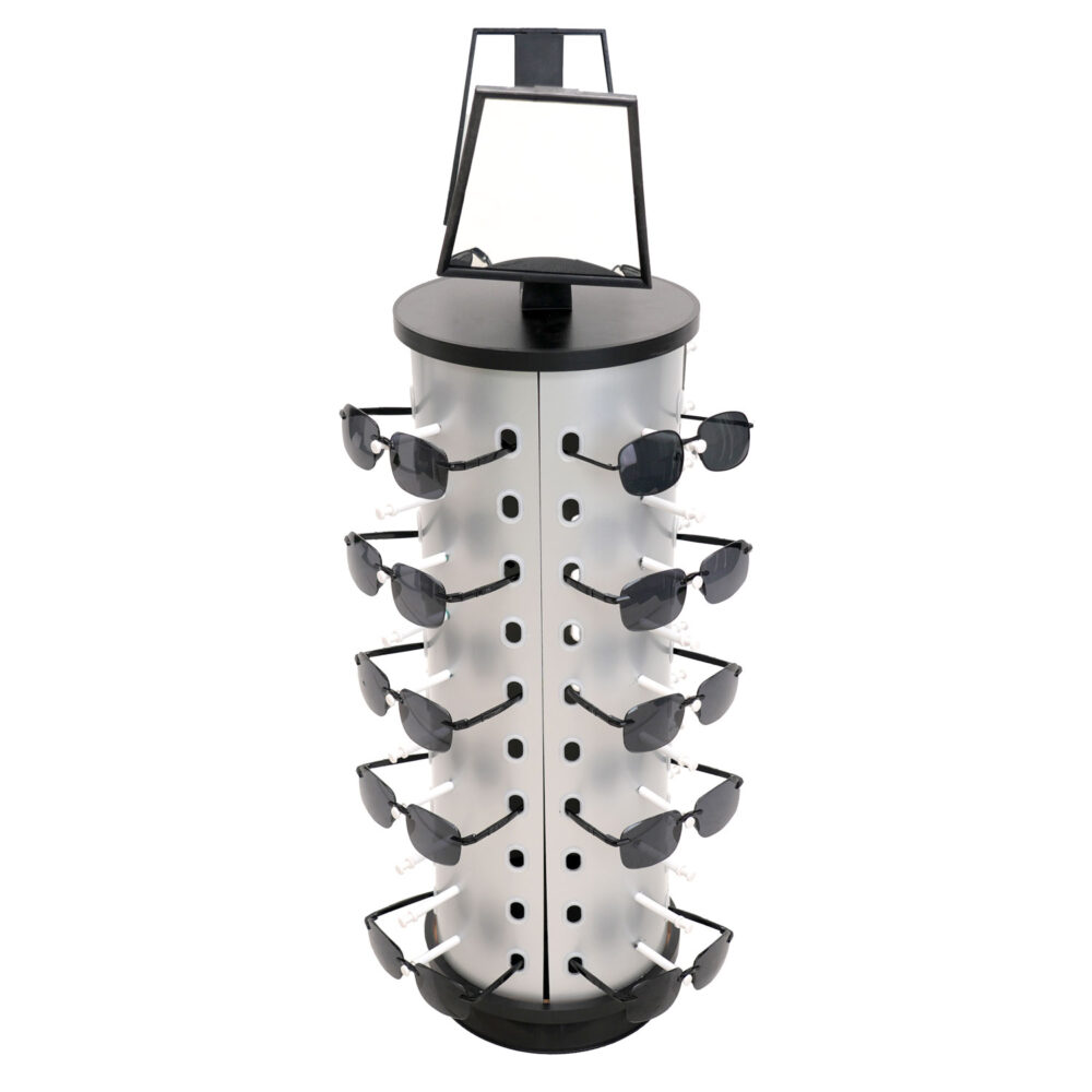 Front view of round silver rotating sunglasses countertop display rack with white nose pegs and dual mirrors - BSG-002-1