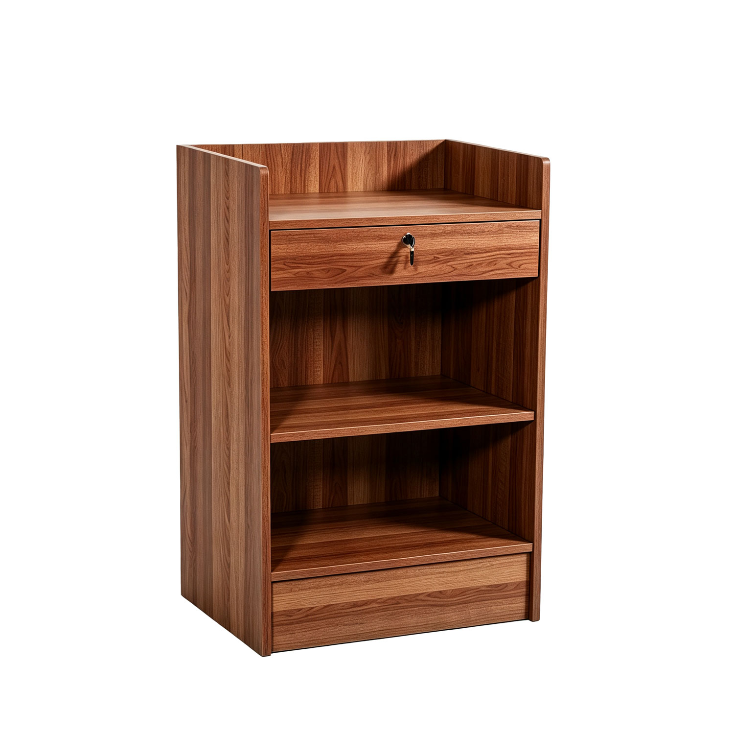 Front perspective view of warm walnut wood finish retail cash register stand - SCRC2