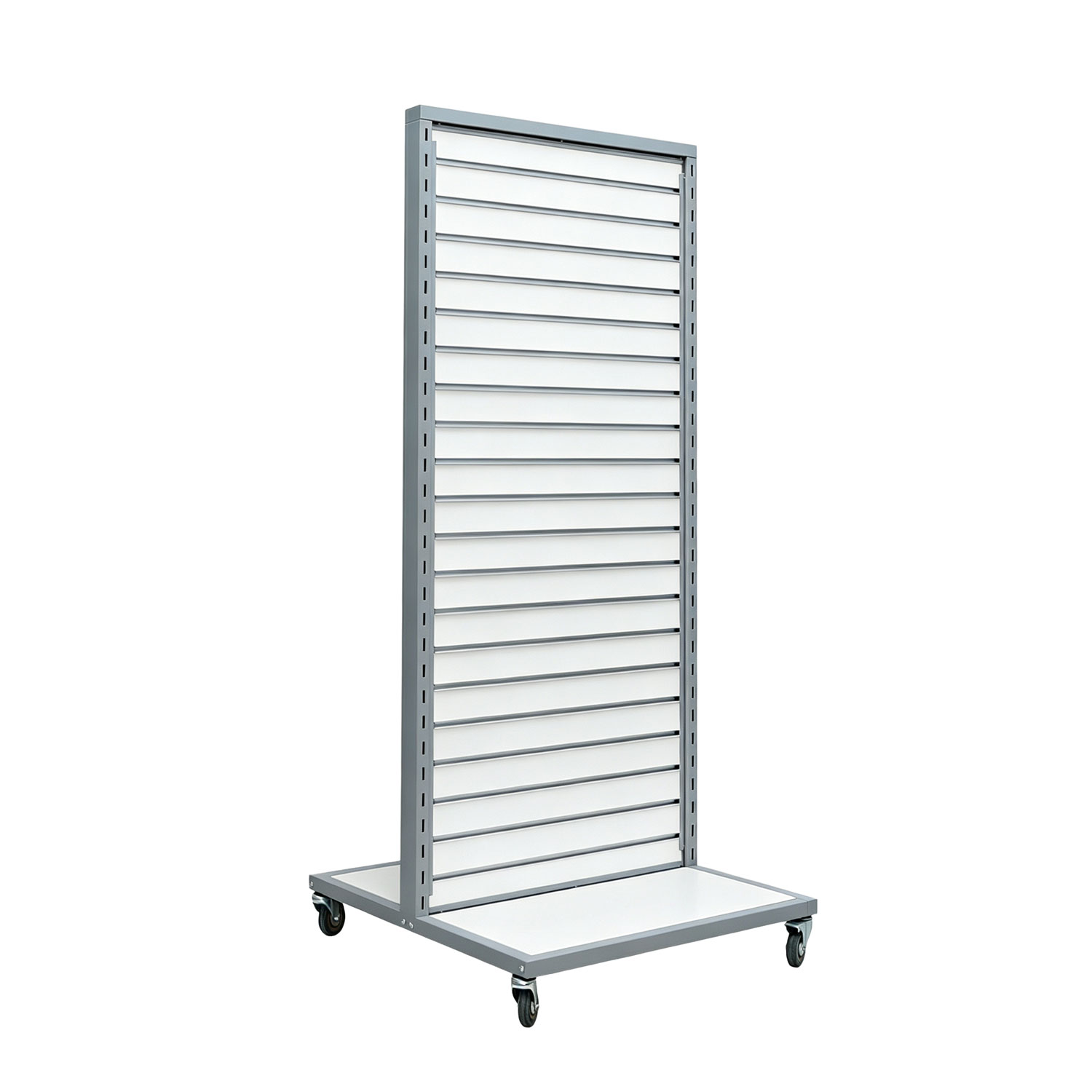 Clean white double-sided mobile slatwall display unit with heavy-duty locking casters - BCB-012