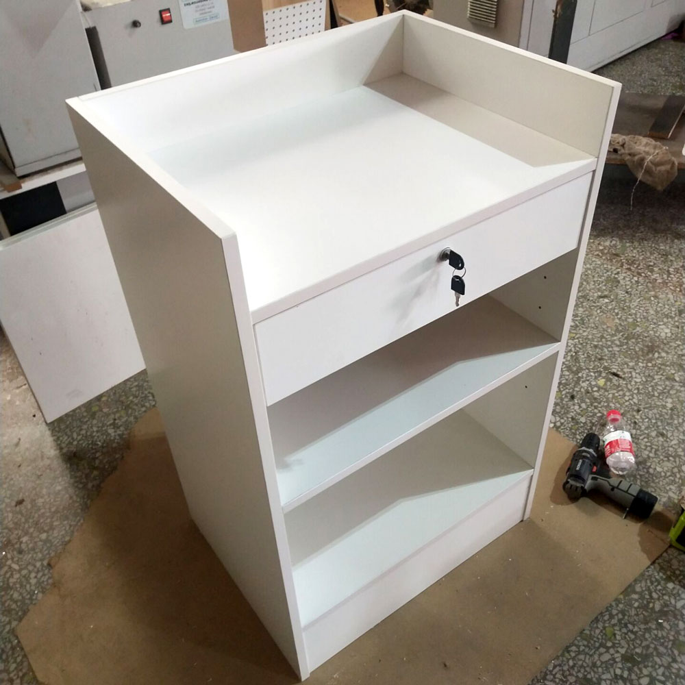 Angle top-down view of white wooden cash register stand top counter and key lock drawer - SCRC2