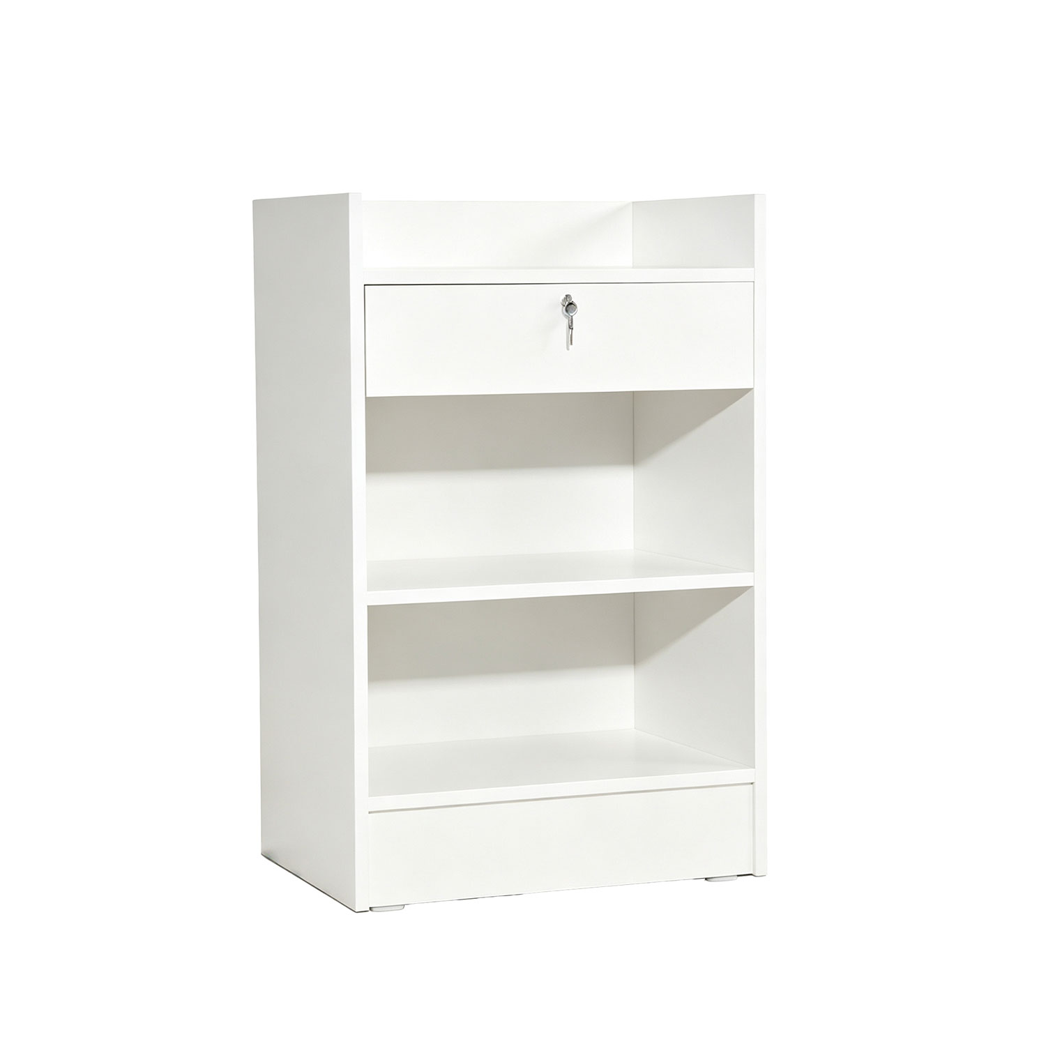 Front perspective view of white retail cash register counter stand with locking drawer - SCRC2