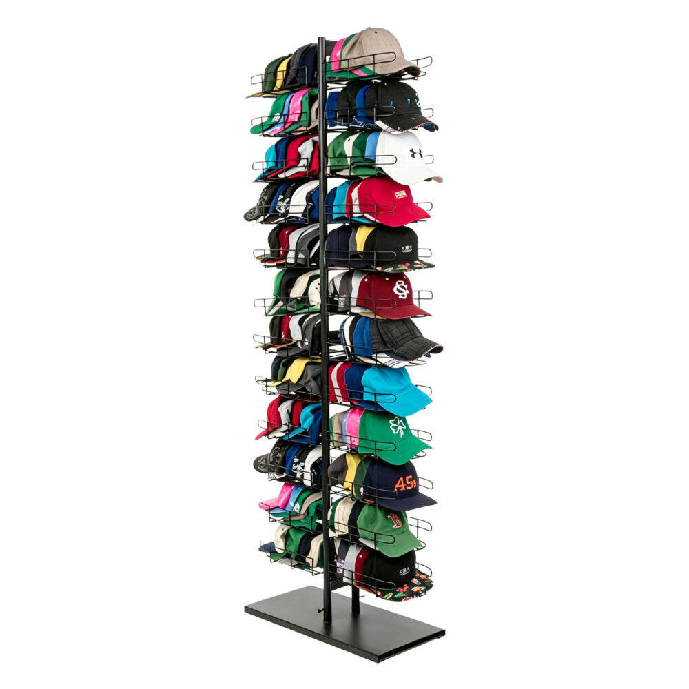 75-inch tall double-sided hat rack loaded with baseball caps for retail store display - BH-050HS-DD