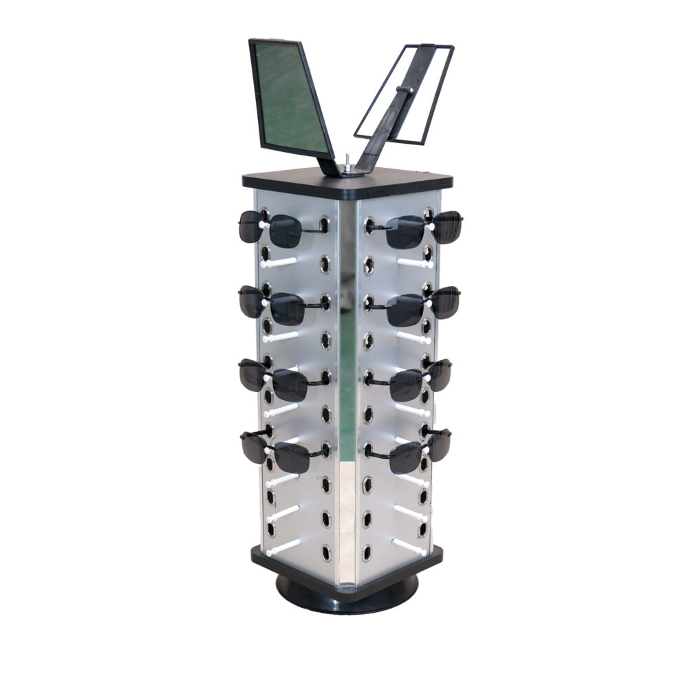 4-sided rotating sunglasses display rack showing eyewear merchandise with dual top mirrors - BSG-002 wholesale