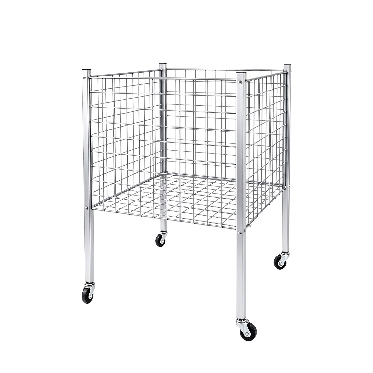 Bright zinc-plated silver mobile wire dump bin with adjustable bottom grid shelf and wheels - BW-017W-1