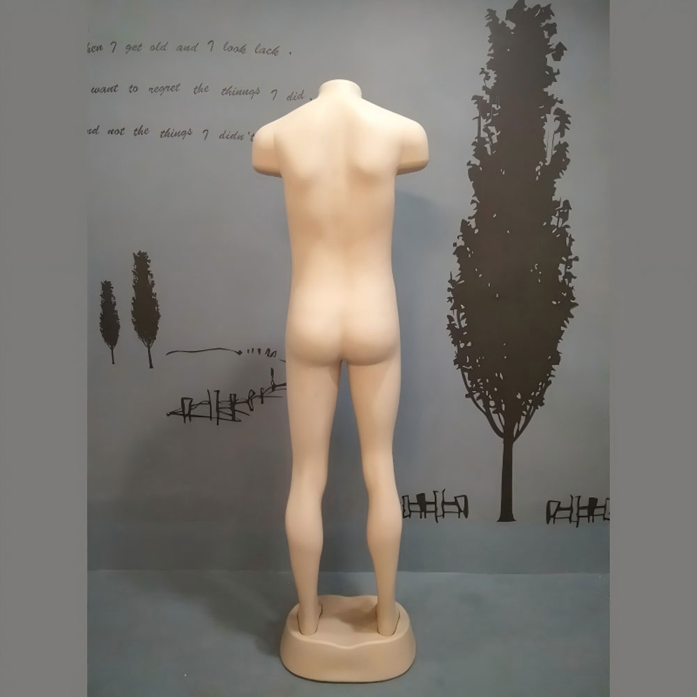 Full body plastic male mannequin back view with integrated foot base SKU BP-1