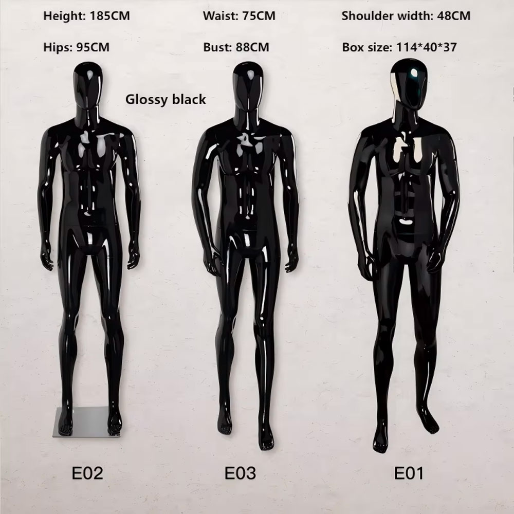 Glossy black full body male mannequin group size chart height 185cm shoulder 48cm SKU E01 E02 E03