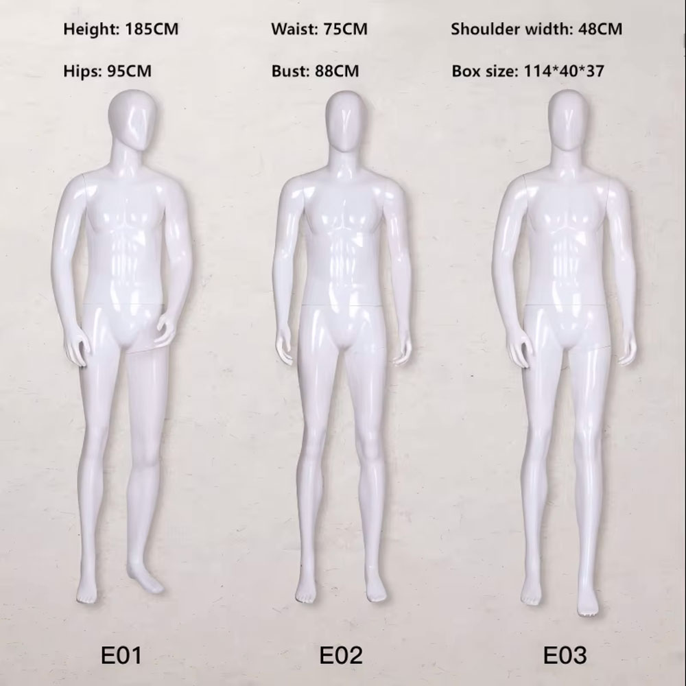 Glossy white full body male mannequin group size chart height 185cm shoulder 48cm SKU E01 E02 E03