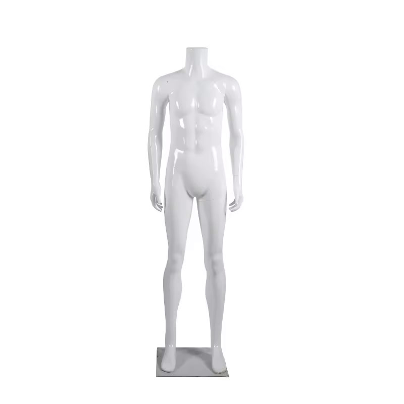 Glossy white headless male mannequin flat neck top standing straight pose SKU ER02